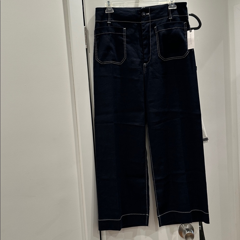 Maeve Navy Colette cropped Trousers with contrast Stitching
